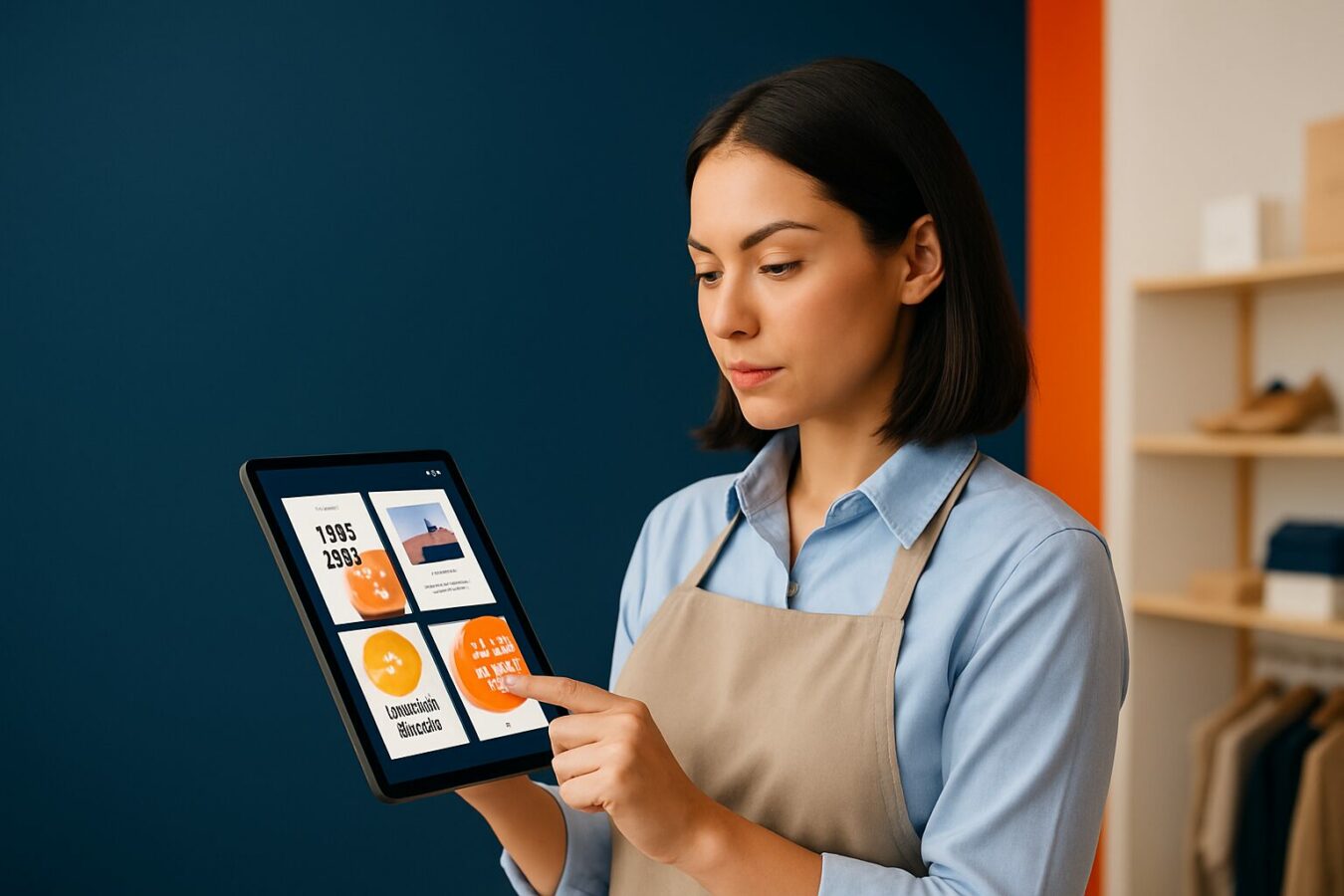 Retailprofessional bekijkt digital signage-templates op een tablet in een moderne winkelomgeving met blauwe en oranje accenten