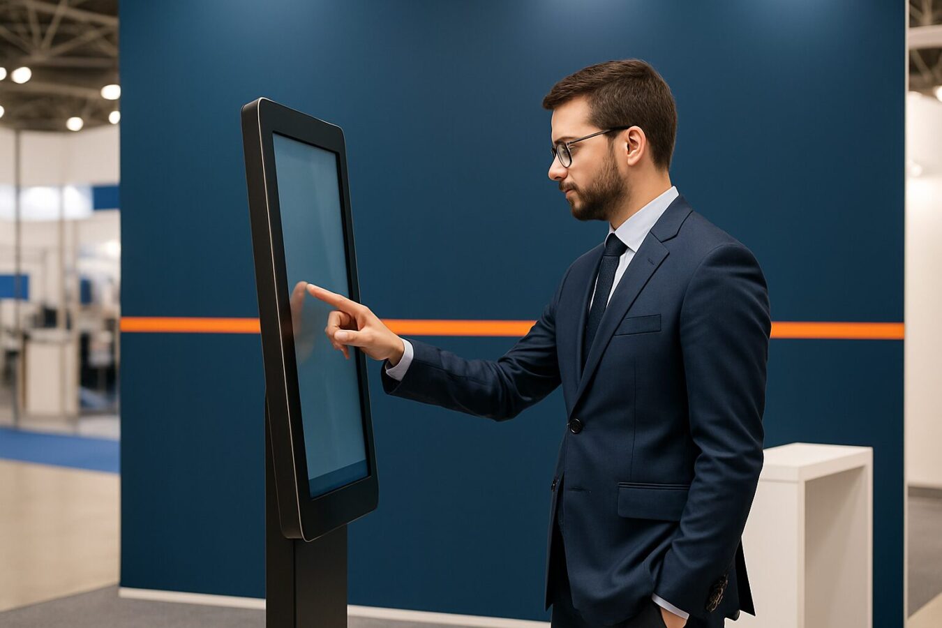 Bezoeker gebruikt een interactieve touchscreen kiosk op een beursstand met blauw en oranje merkuitstraling