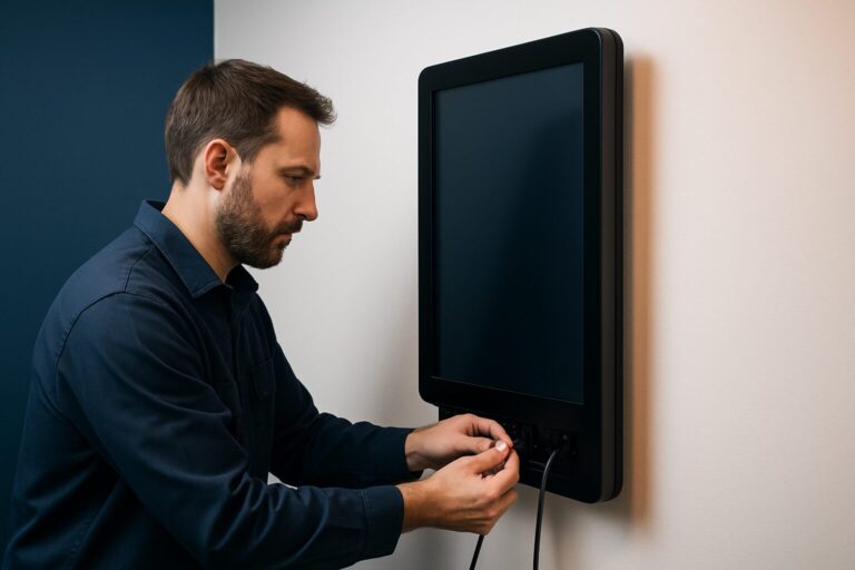 Installateur bevestigt een touchscreen kiosk display aan de muur en controleert de kabelaansluiting in een moderne ruimte