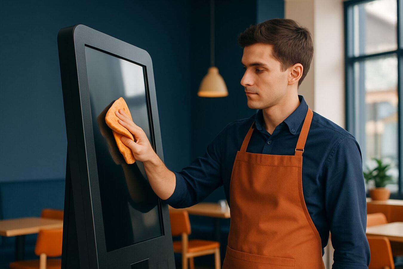 Horecamedewerker reinigt een touchscreen informatiezuil in een modern restaurant met een microvezeldoek