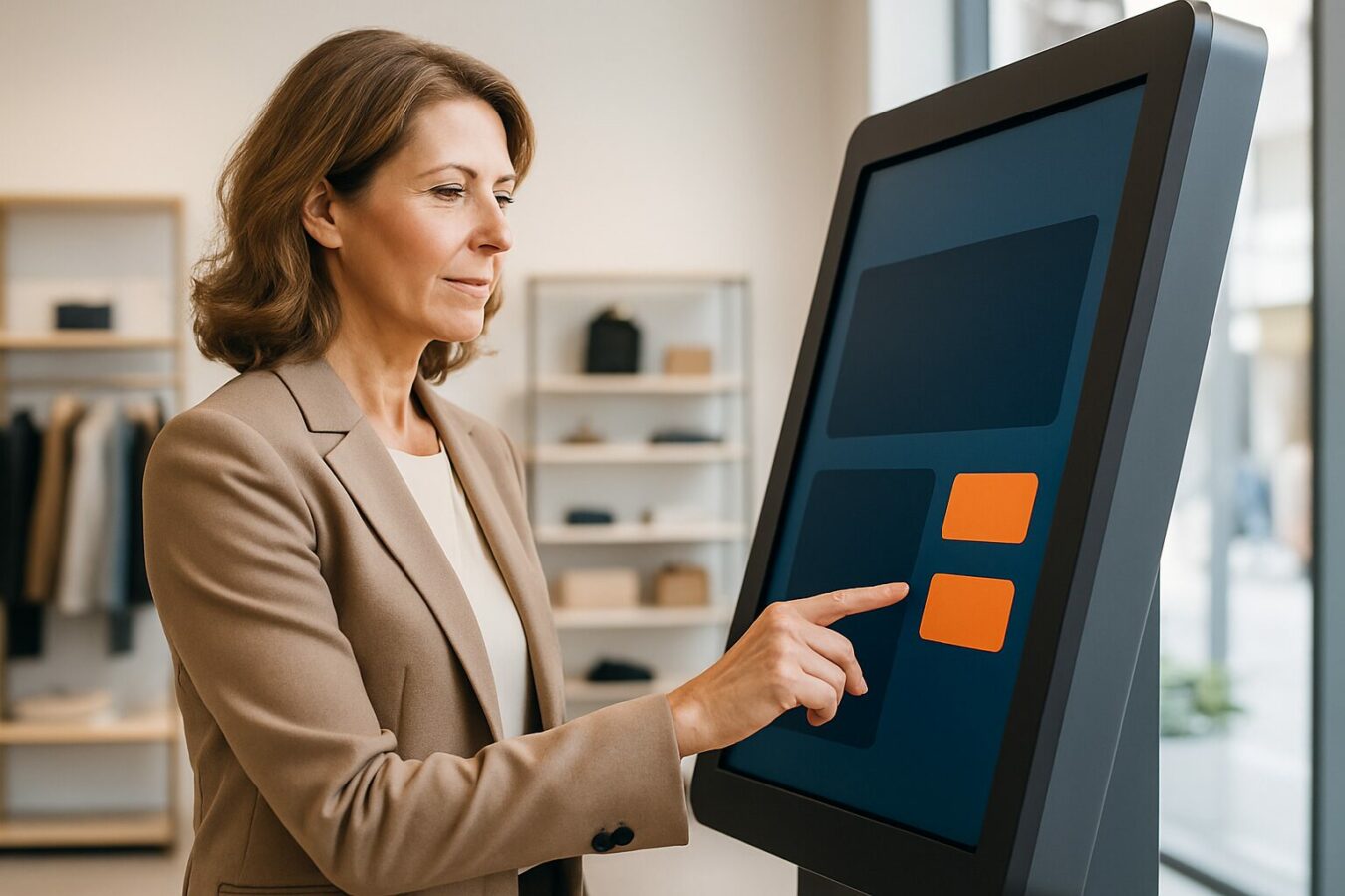 Vrouw van middelbare leeftijd bedient een staande touchscreen kiosk in een moderne winkel met blauw-oranje interface