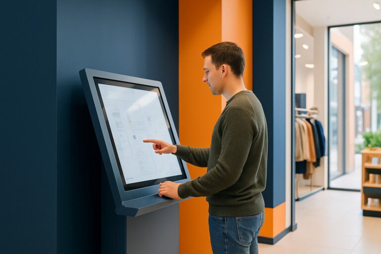 Klant gebruikt een touchscreen display kiosk in een moderne Nederlandse winkel met blauwe en oranje merkaccenten