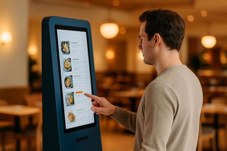 Horecagast gebruikt een staande touchscreen menukaart in een modern restaurant met blauwe en oranje accenten