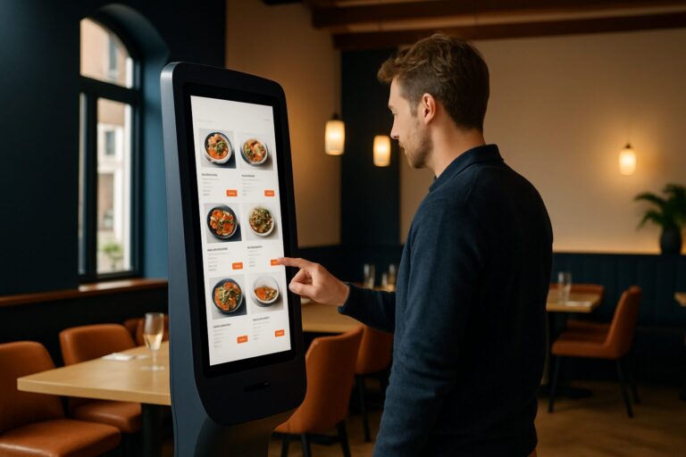 Horecagast bekijkt interactieve digitale menukaart op een touchscreen-zuil in een modern restaurant