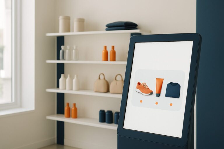 Interactief digital signage touchscreen in een moderne retailwinkel met gepersonaliseerde productcontent op het scherm