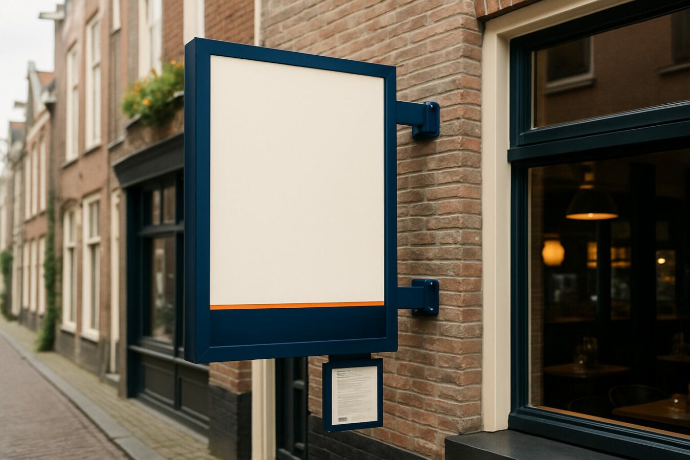 Outdoor digital display bevestigd aan een restaurantgevel in een Nederlandse binnenstad, met vergunningsdocument op de voorgrond