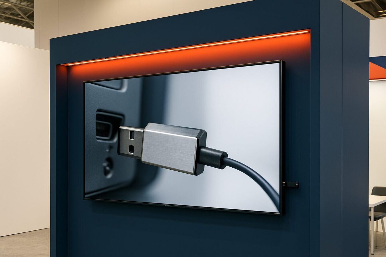 Technische setup van een beursstand met een commercieel display dat een promotievideo afspeelt via USB, met zichtbare bekabeling langs de standwand