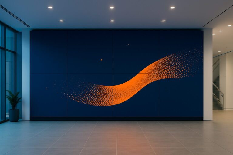 Groot naadloos LED video wall in een moderne bedrijfslobby met blauw en oranje kleuraccenten