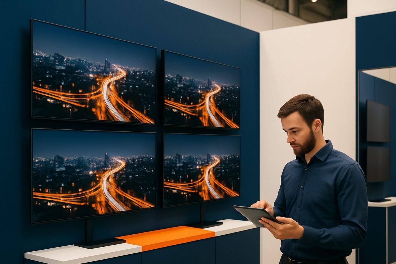 Installateur controleert videostreaming op meerdere beurdisplays in een moderne beursstand met blauwe en oranje accenten