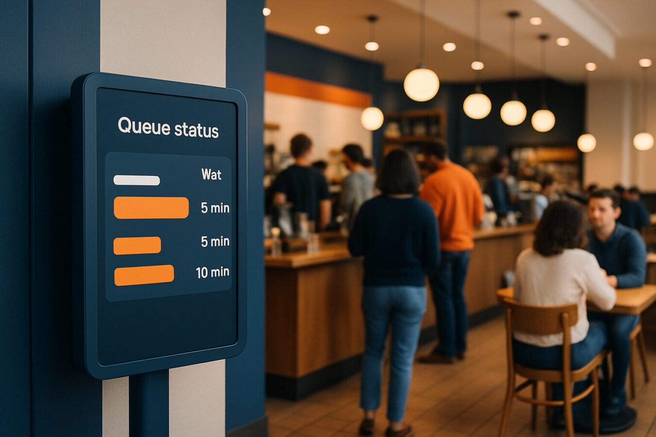 Digitale touchscreenkiosk bij de ingang van een druk café toont wachttijden en bestelstatus op een helder scherm