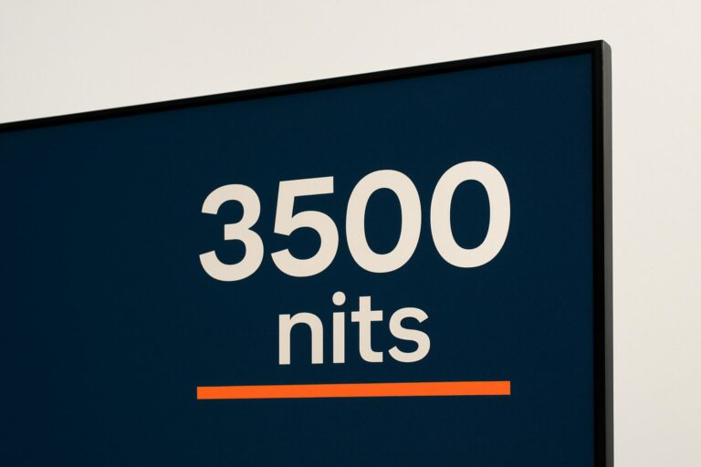 Close-up van een commercieel signage-display met helderheidsindicator in nits, blauwe en oranje merkaccenten