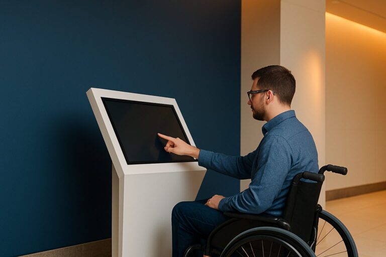 Persoon in rolstoel gebruikt een toegankelijke touchscreen informatiezuil in een moderne publieke ontvangstruimte