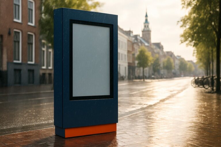 Weerbestendige outdoor display gemonteerd op een stedelijke locatie in regen en zonlicht, met robuuste blauwe behuizing