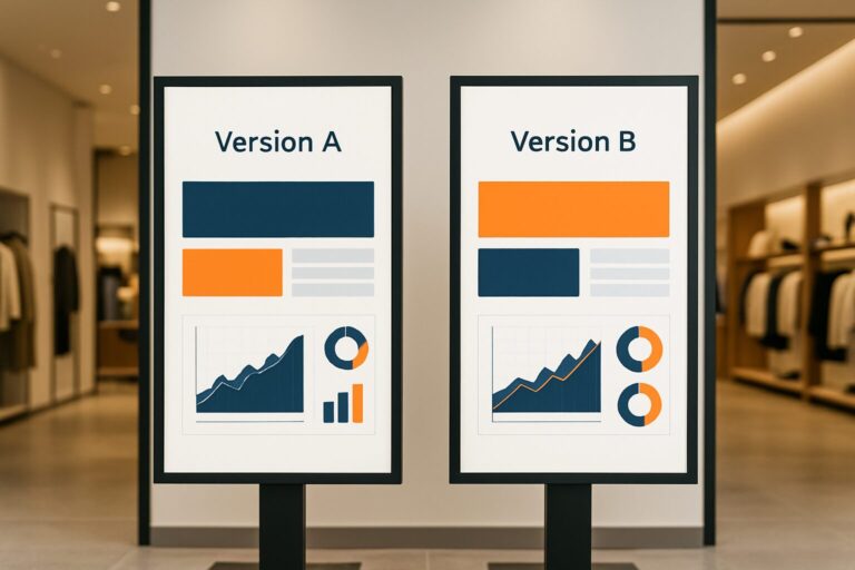 Twee digitale schermen naast elkaar in een winkel met A/B-testvarianten en een data-dashboard in Pixio-huisstijlkleuren