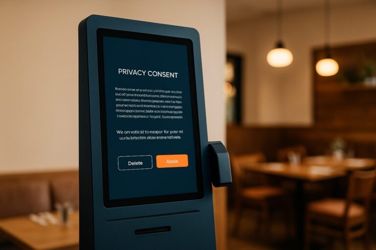 Interactieve horecakiosk met AVG-toestemmingsscherm in een modern restaurant, blauwe interface met oranje accenten