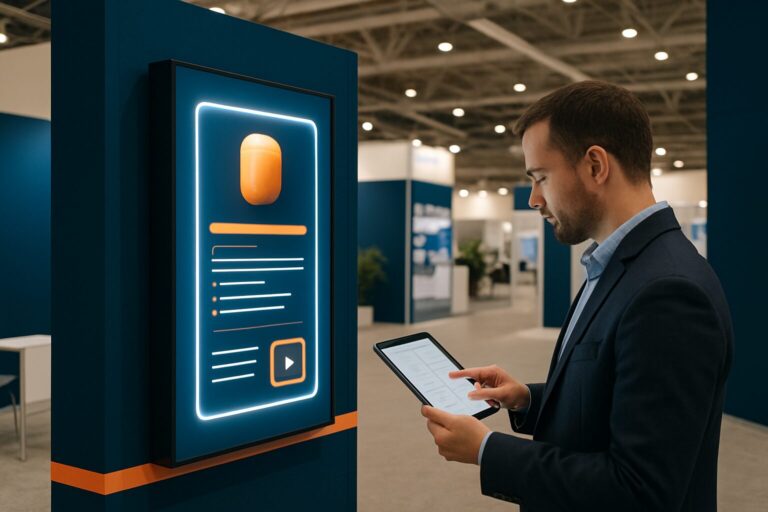 B2B-exposant bekijkt contentplan op tablet naast een verlicht digitaal scherm op een beursstand in een moderne beurshal