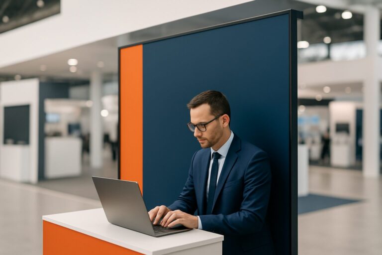 Standhouder past beursstand-displaycontent aan op laptop via cloud-CMS in een moderne beurshal