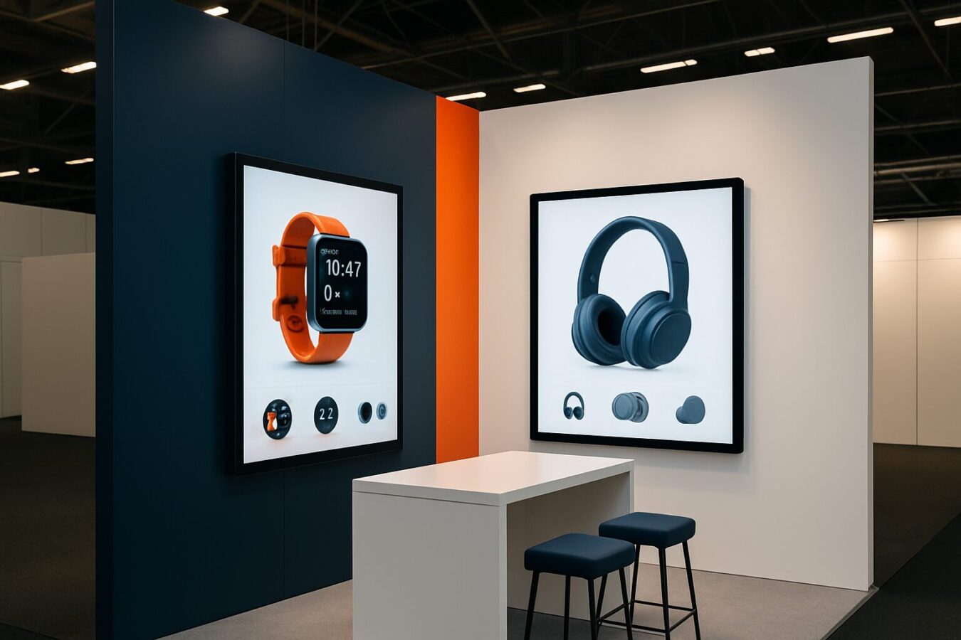 Beursstand met twee touchscreen displays in een Nederlandse beurshal, blauwe en oranje merkaccenten, professionele B2B-opstelling