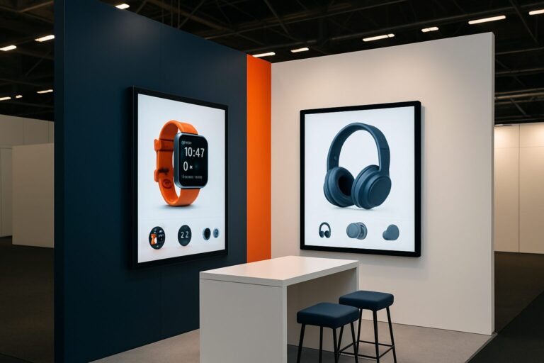 Beursstand met twee touchscreen displays in een Nederlandse beurshal, blauwe en oranje merkaccenten, professionele B2B-opstelling