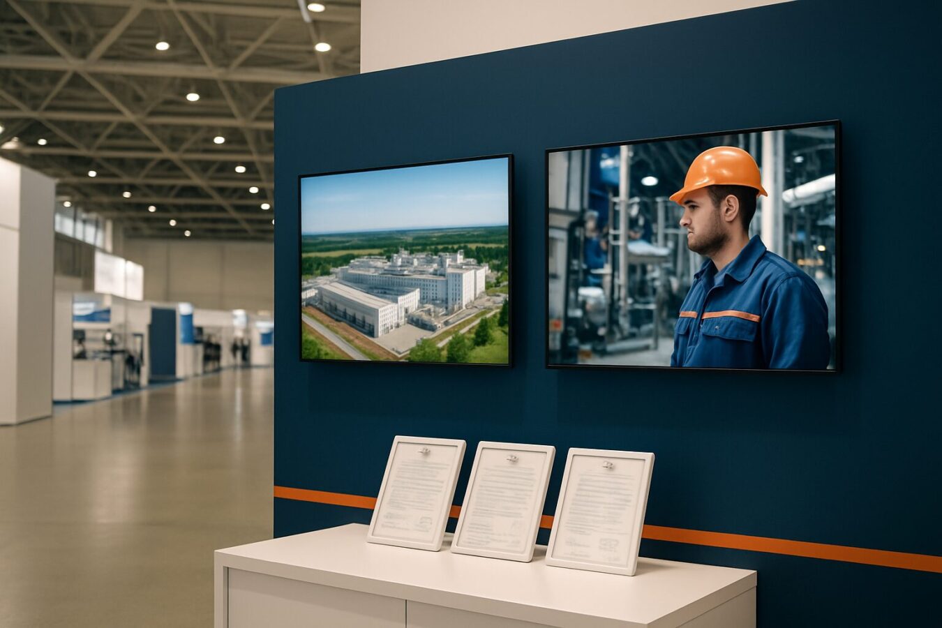 Professionele beursstand met digitale displays en brandveiligheidsdocumentatie op tafel in een moderne beurshal