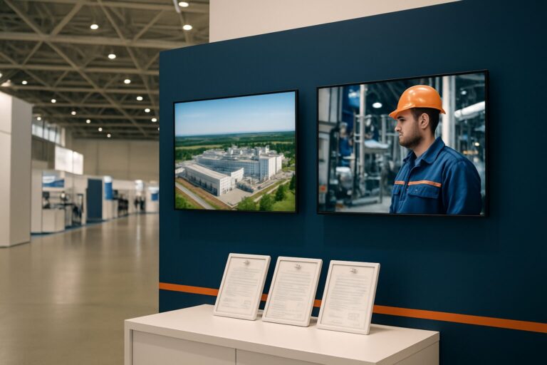 Professionele beursstand met digitale displays en brandveiligheidsdocumentatie op tafel in een moderne beurshal
