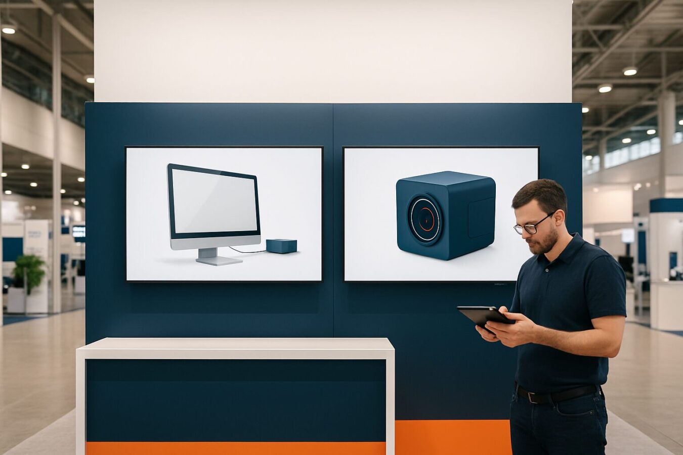 Installateur controleert beursstand displays tijdens inbedrijfstelling in een moderne beurshal met blauwe en oranje accenten