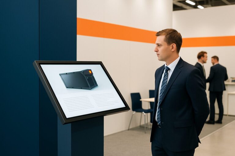 Professionele beursstand met een staand 49-inch touchscreen display in een drukke beurshal in Nederland