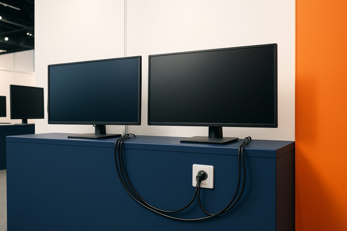Installateur sluit een stroomkabel aan op een geaard Schuko-stopcontact achter een beursstand display