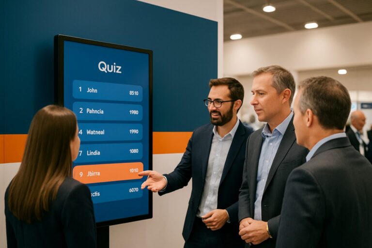 Bezoeker speelt een interactieve quiz op een groot touchscreen bij een beursstand met blauw-oranje merkuitstraling