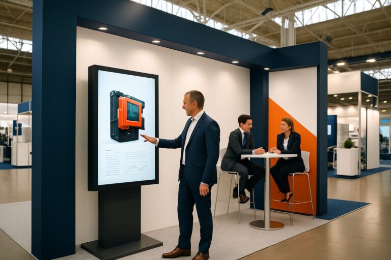 Beursstand met touchscreen display in Nederlandse beurshal, zakelijke setting met blauw-oranje merkuitstraling