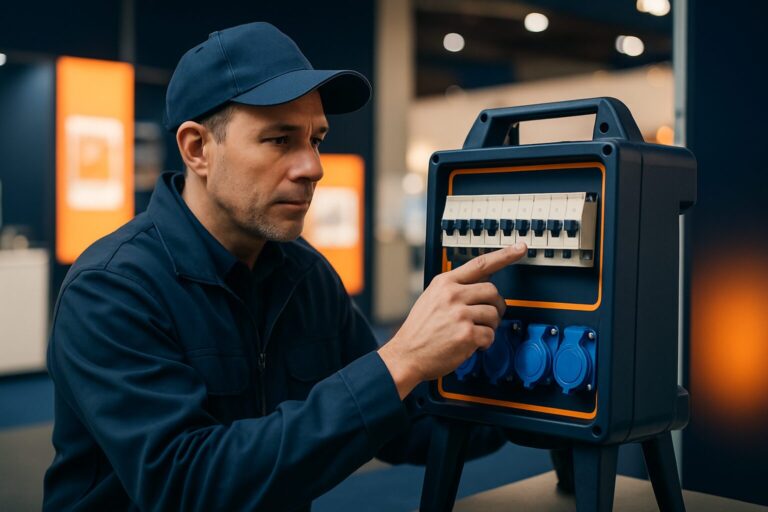 Installateur controleert een mobiele stroomverdeler met meerdere groepen op een beursstand met commercial displays