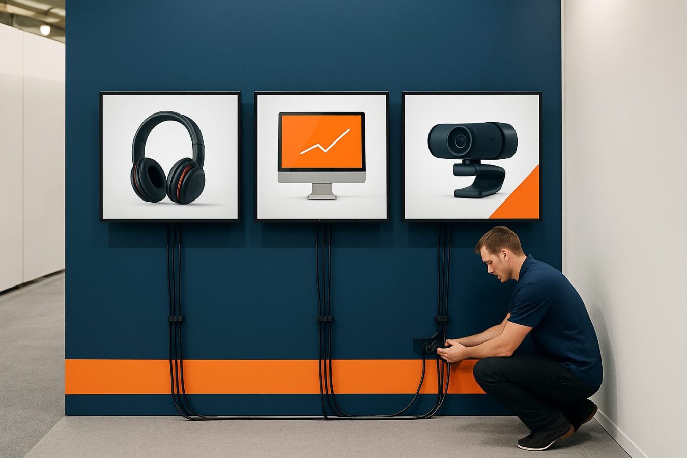 Installateur controleert stroomaansluitingen van drie commerciële displays op een beursstand met blauwe en oranje merkaccenten