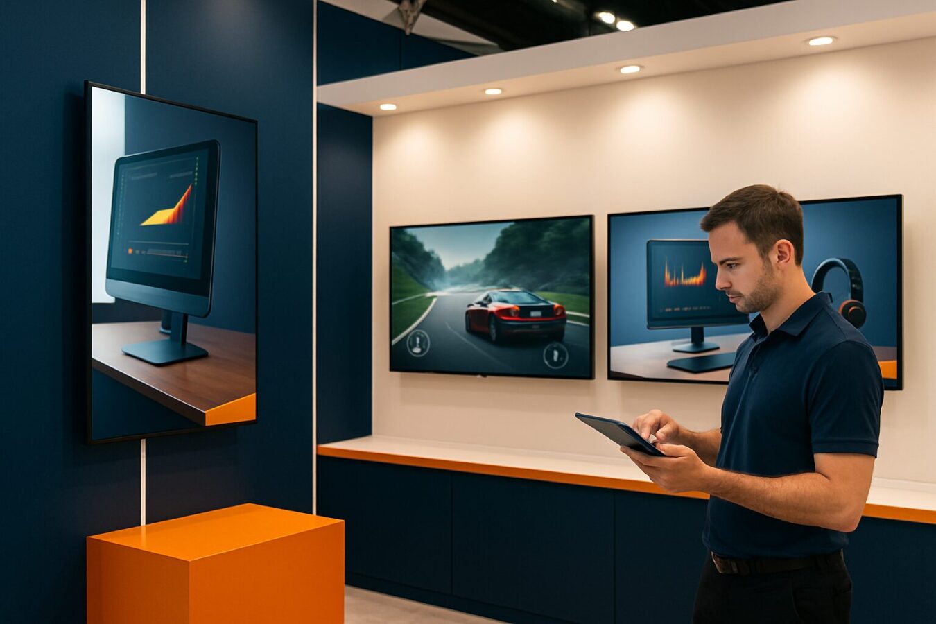 Installateur controleert WiFi-netwerkinstellingen op tablet bij meerdere digitale displays op een beursstand
