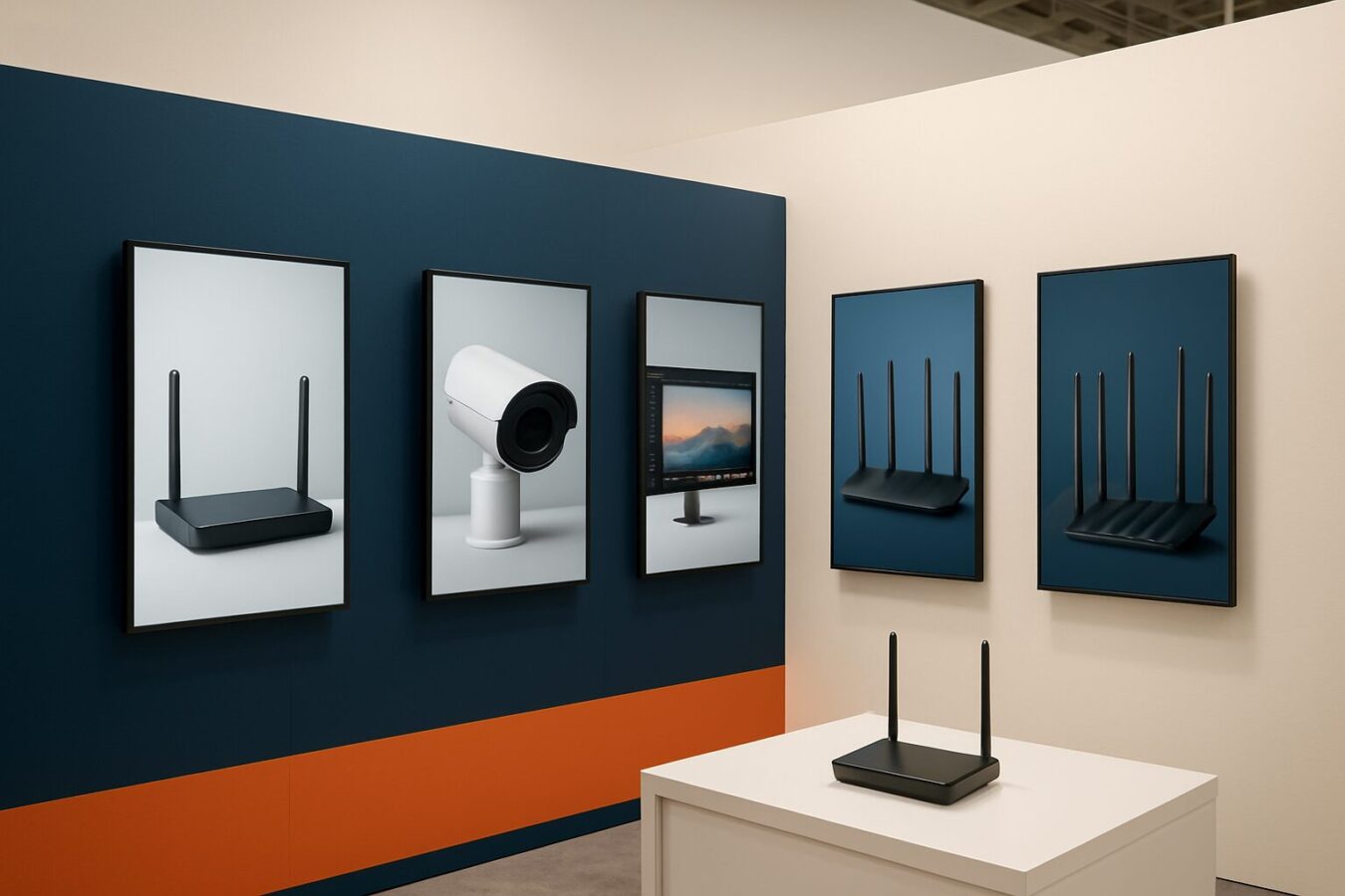 Beursstand met vier actieve digital signage displays en een 4G/5G-router voor dedicated WiFi-bandbreedte op een beursvloer