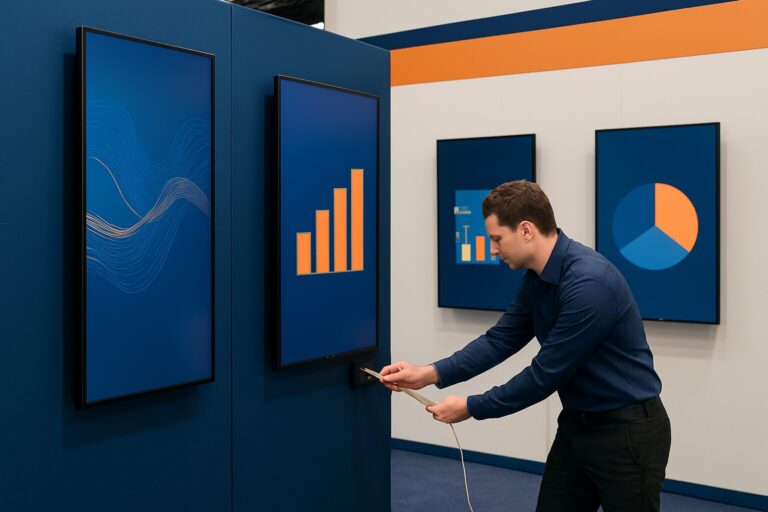 Technicus sluit een ethernet-kabel aan op een digital signage display op een professionele beursstand in Nederland