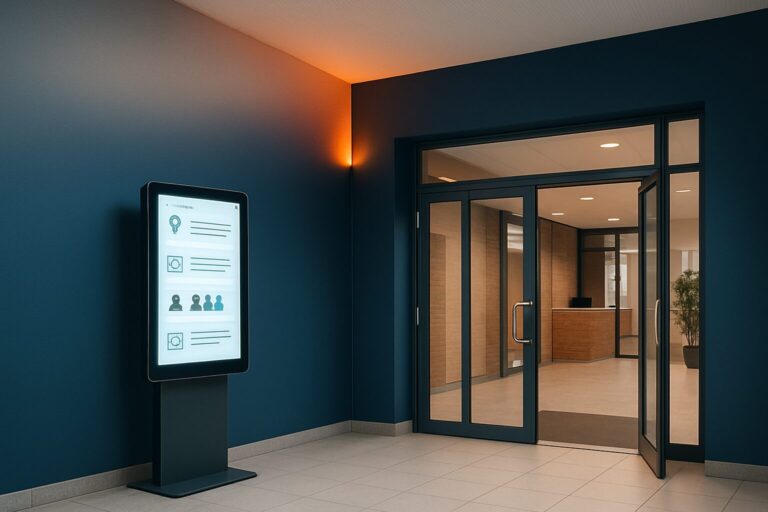 Digitale informatiezuil in een Nederlandse gemeentehal met touchscreen en publieksinformatie op het scherm