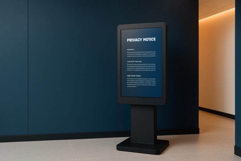 Digitale informatiezuil in een kantoorlobby met een privacymelding op het scherm, blauwe en oranje merkaccenten