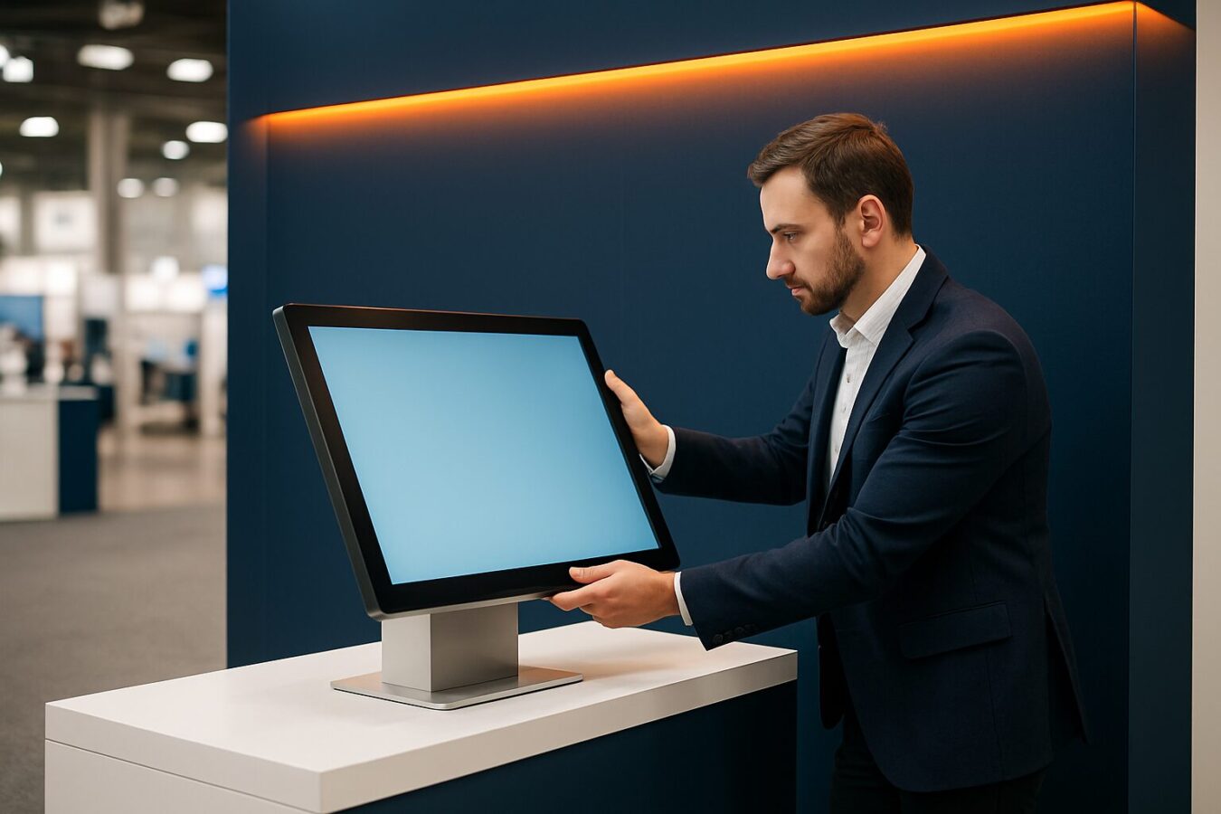 Standhouder stelt een 43 inch touchscreen display in op een beursstand met blauw-oranje huisstijl in een evenementenhal