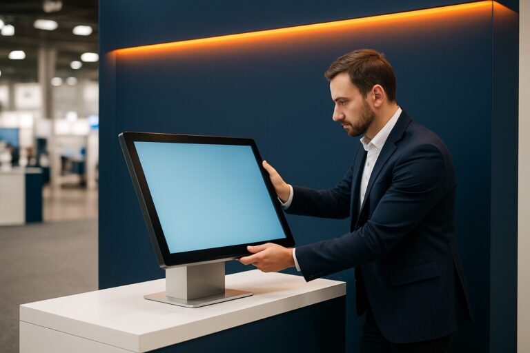 Standhouder stelt een 43 inch touchscreen display in op een beursstand met blauw-oranje huisstijl in een evenementenhal