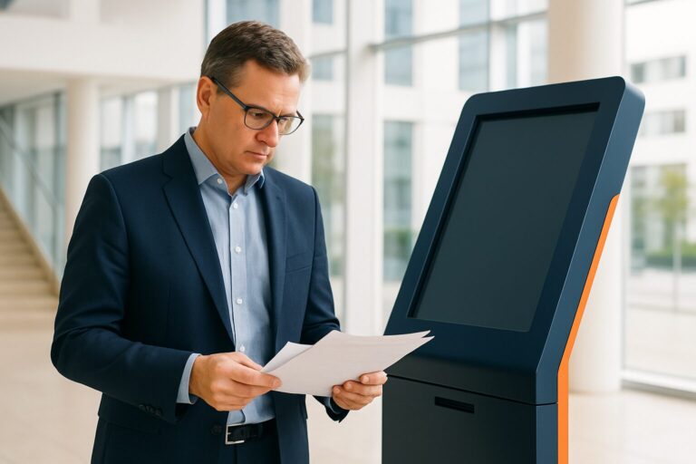 Ambtenaar bekijkt compliance-documentatie naast een digitale informatiezuil in een Nederlands gemeentehuis