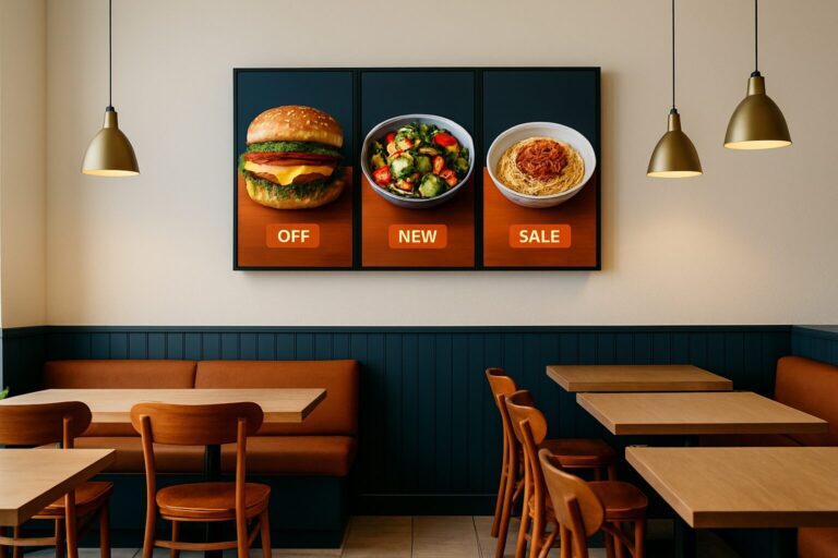 Digitaal menubord in modern restaurant met geplande content voor lunch- en dinermenu op commercieel display