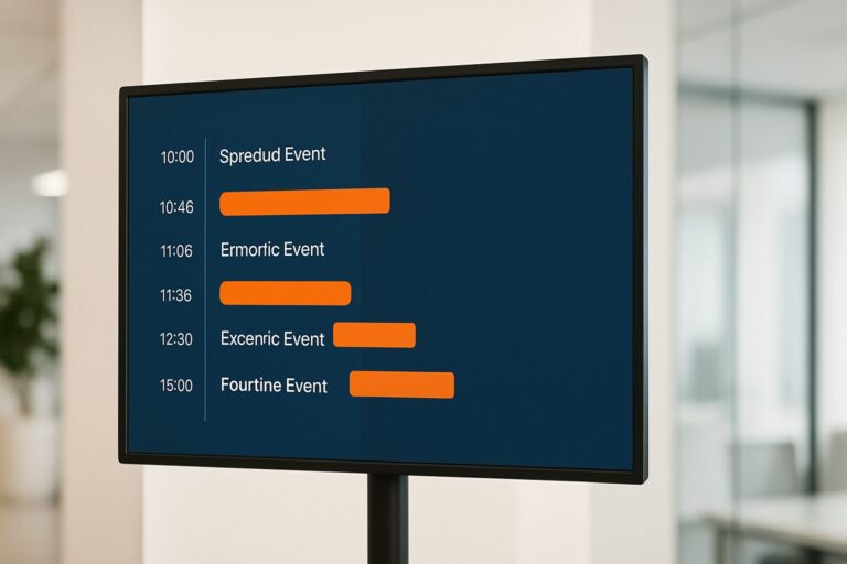 Digital signage scherm met drie contentzones en een dagdeel-planning zichtbaar op een blauw CMS-dashboard