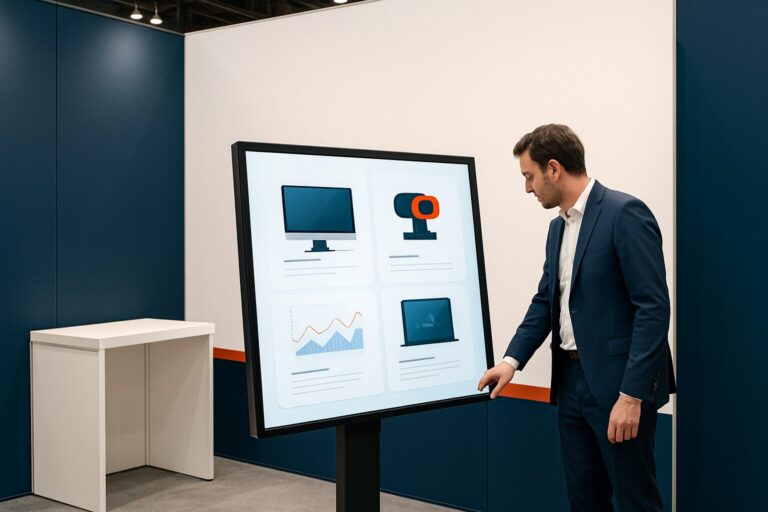 Standhouder controleert digital signage display op beursstand tijdens opbouw in evenementenhal