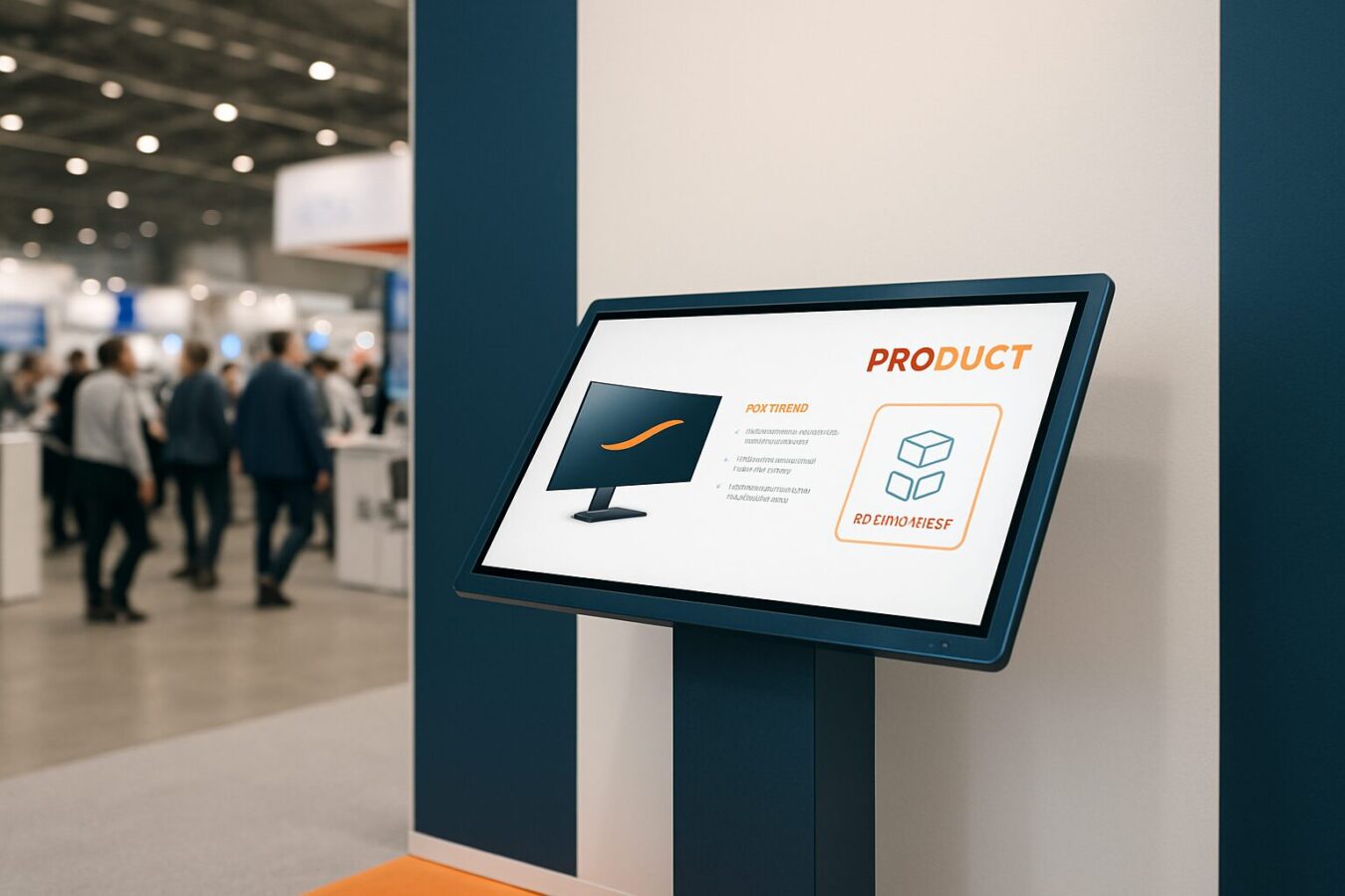 Standhouder bij een beursstand met een touchscreen digital signage display in een drukke beurshal in Nederland