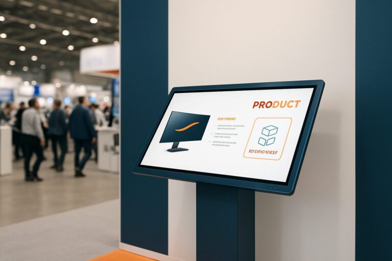 Standhouder bij een beursstand met een touchscreen digital signage display in een drukke beurshal in Nederland