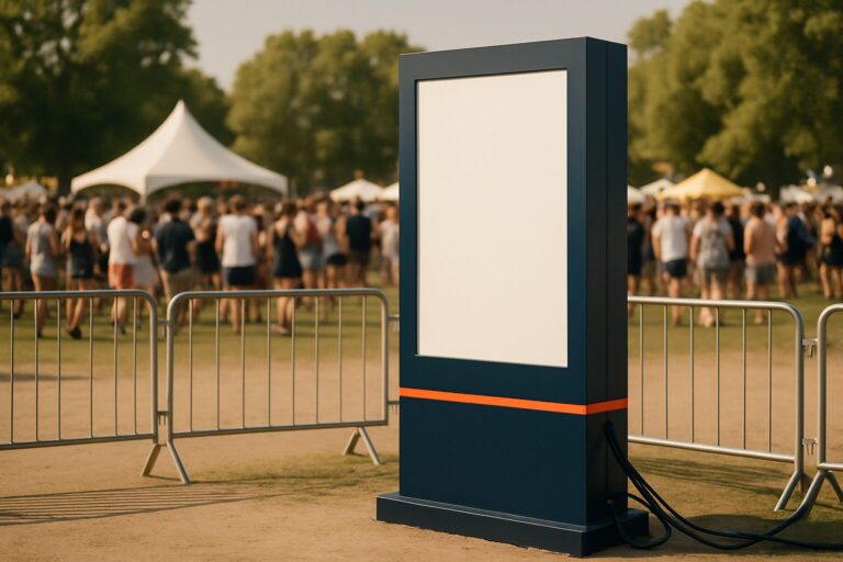 Outdoor digital signage display op een zomerfestival in Nederland, zichtbaar in fel zonlicht met publiek op de achtergrond