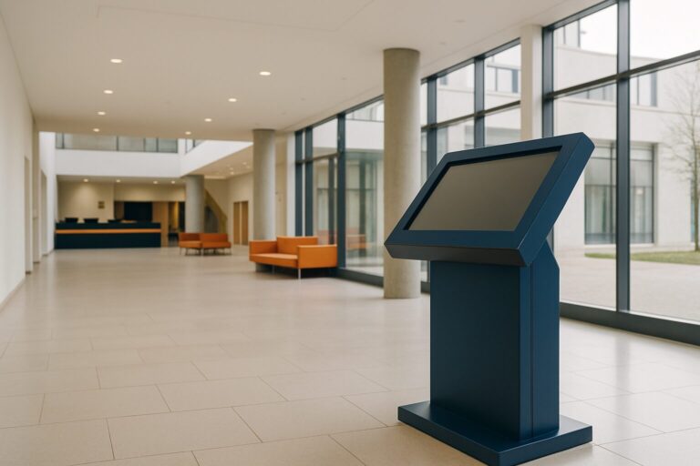 Digitale informatiezuil in de publiekshal van een gemeentehuis, met touchscreen en overheidsinformatie op het scherm
