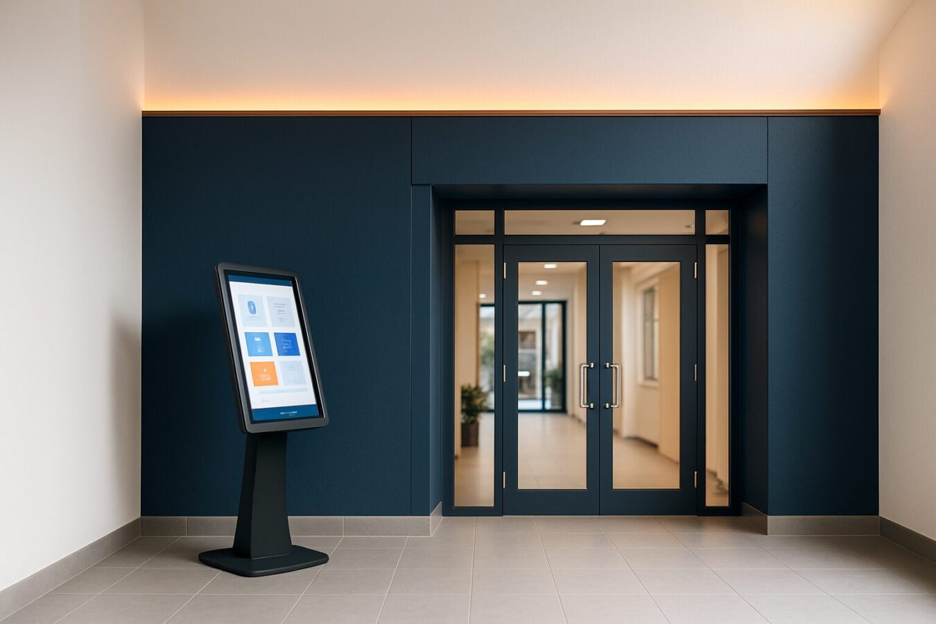 Digitale informatiezuil in een gemeentehuis entreehal met touchscreen en blauw-oranje kleuraccenten