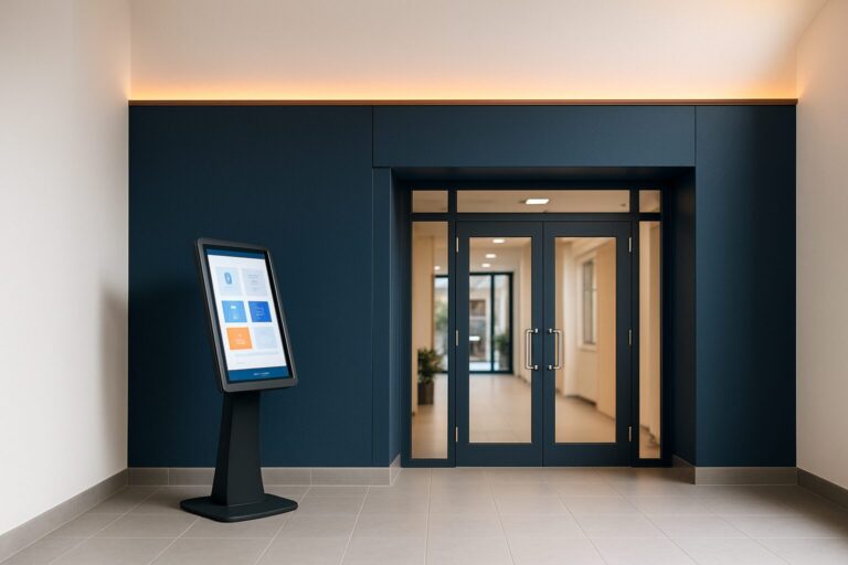 Digitale informatiezuil in een gemeentehuis entreehal met touchscreen en blauw-oranje kleuraccenten