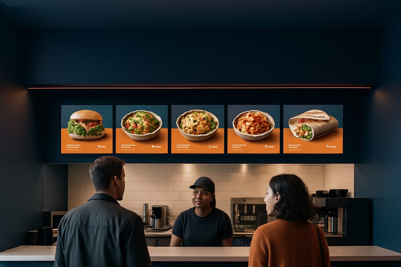 Digitaal menubord boven de kassa in een modern restaurant, gasten bekijken het aanbod op een helder verlicht scherm